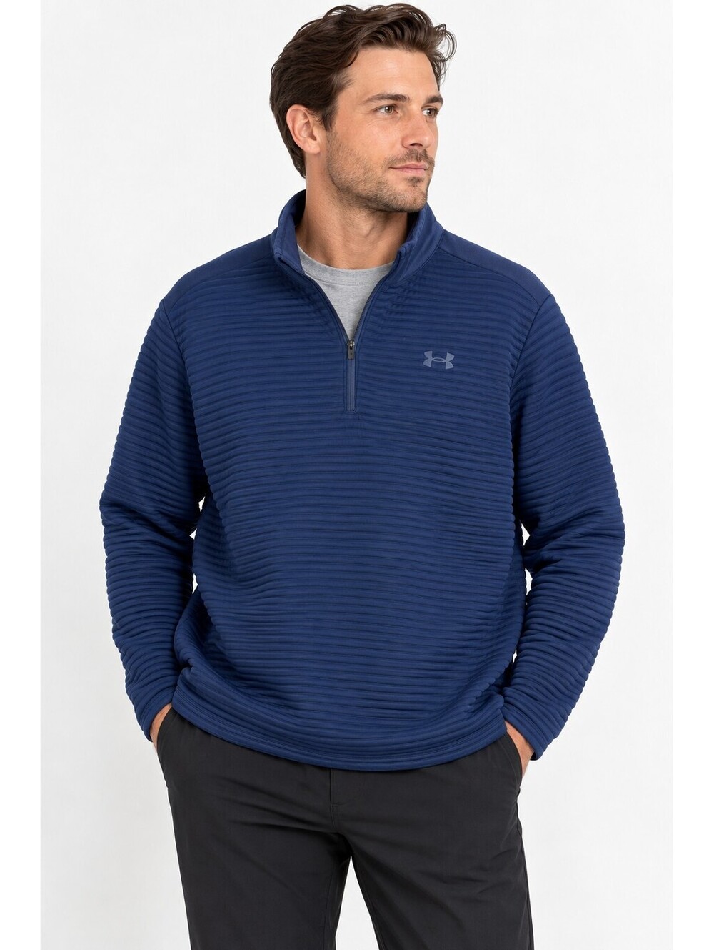 Under Armour ColdGear Quarter Zip Pullover Navy Ribbed Fleece Mens XXL Loose Fit